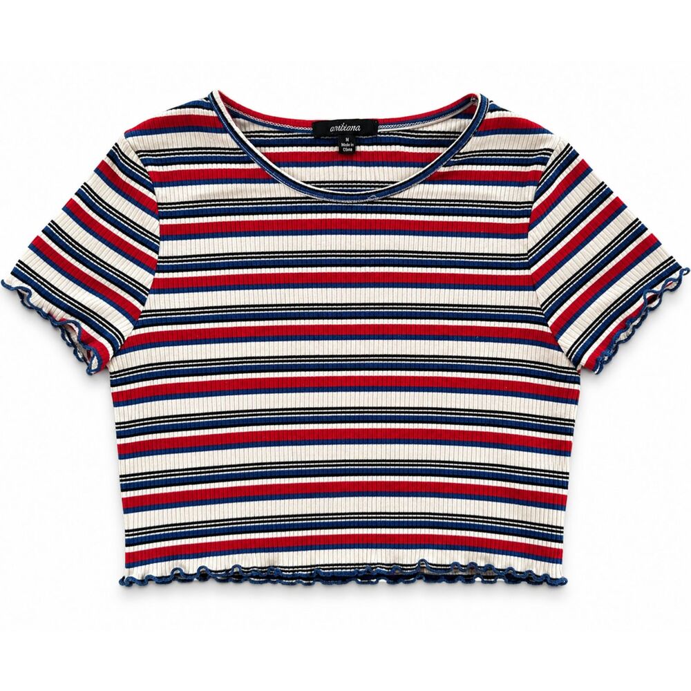 Ambiance Apparel Striped Ribbed Lettuce Edge Crop Top Red White Blue Juniors L